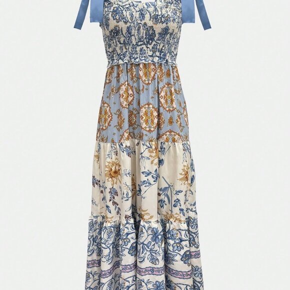 Multicolor Casual Women's Floral Print Lace-Up Spaghetti Strap Pleated Dress - Picture 4 of 6